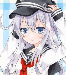 Rule 34 | 1girl, bad id, bad pixiv id, black hat, black sailor collar, blue eyes, collared shirt, floating hair, hair between eyes, hat, hibiki (kancolle), highres, kantai collection, long hair, long sleeves, marker (medium), neckerchief, open mouth, red neckerchief, sailor collar, sailor shirt, sample watermark, shirt, silver hair, solo, traditional media, upper body, very long hair, watermark, white shirt, yuiki (cube)