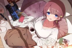 Rule 34 | 1girl, black bra, blue eyes, blush, book, bookmark, bra, bra strap, breasts, brown hair, brown skirt, buttons, cellphone, coffee, coffee mug, collarbone, commentary request, couch, cup, dappled sunlight, from above, full body, glass, highres, holding, holding cup, jacket, large breasts, long skirt, looking at viewer, medium hair, mochigome (ununquadium), mug, off shoulder, on couch, open book, open clothes, open jacket, open mouth, original, pen, phone, pillow, plaid, plaid jacket, shadow, sitting, skirt, slippers, smartphone, smile, solo, sunlight, sweater, table, underwear, unworn slippers, white sweater