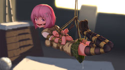 Rule 34 | 1girl, arms behind back, ball, ball gag, bdsm, bondage, bound, breasts, from side, full body, gag, gagged, gym storeroom, highres, himitsu (hi mi tsu 2), hogtie, indoors, legs together, looking at viewer, momo velia deviluke, pink eyes, pink hair, pussy juice, rope, saliva, school uniform, shibari, shibari over clothes, short hair, skindentation, skirt, small breasts, solo, suspension, tail, thighhighs, thighs, to love-ru, wiffle gag