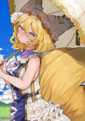 Rule 34 | 1girl, animal hat, bare arms, bare shoulders, blonde hair, blue sky, blue tabard, closed mouth, cloud, commentary request, cowboy shot, dress, fox tail, frilled skirt, frills, from side, hat, highres, holding, holding umbrella, looking at viewer, medium hair, mob cap, multiple tails, outdoors, parasol, shirt, skirt, sky, sleeveless, sleeveless dress, solo, sweat, tabard, tail, touhou, twitter username, uchisaki himari, umbrella, white hat, white shirt, white skirt, yakumo ran, yellow eyes