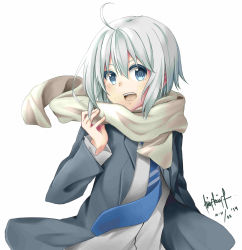 Rule 34 | 1girl, ahoge, blue eyes, chiiririn, dated, female focus, highres, long sleeves, looking at viewer, necktie, open mouth, original, scarf, shirt, short hair, simple background, solo, white background, white hair, white shirt