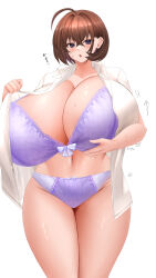Rule 34 | 1girl, absurdres, ahoge, blush, bow, bow bra, bra, breasts, brown hair, chestnut mouth, collarbone, cowboy shot, curvy, doinaka, dot nose, ears, female focus, gigantic breasts, hair between eyes, head tilt, highres, japanese text, legs, looking at viewer, motion lines, navel, open clothes, open mouth, open shirt, original, panties, purple bra, purple eyes, purple panties, shiny skin, shirt, short hair, simple background, solo, standing, sweat, thick thighs, thighs, underwear, undressing, white background, white shirt, wide hips