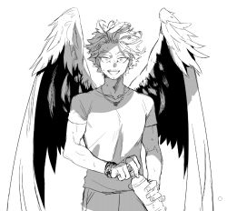 Rule 34 | 1boy, boku no hero academia, bottle, bracelet, cowboy shot, earrings, facial hair, feathered wings, forked eyebrows, greyscale, hair slicked back, hawks (boku no hero academia), holding, holding bottle, jewelry, looking at viewer, male focus, monochrome, necklace, open mouth, ring, shirt, smile, sweat, t-shirt, wings, y (hellenism)