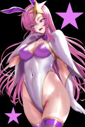 Rule 34 | 1girl, :d, animal ears, black background, bow, bowtie, breasts, cleavage, covered navel, fake animal ears, fishnet thighhighs, fishnets, gloves, groin, gundam, gundam seed, gundam seed destiny, large breasts, leotard, long hair, looking at viewer, meer campbell, open mouth, pink hair, playboy bunny, purple eyes, rabbit ears, sen (sansui), simple background, smile, solo, star (symbol), thighhighs, white gloves