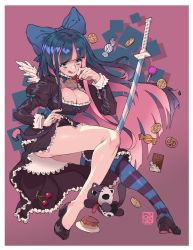 Rule 34 | 1girl, blue eyes, breasts, cake, candy, cleavage, food, full body, gothic lolita, hair ribbon, high heels, large breasts, lolita fashion, long hair, looking at viewer, panty &amp; stocking with garterbelt, pink hair, poch4n, purple hair, ribbon, smile, solo, stocking (psg), striped clothes, striped thighhighs, thighhighs, tongue, tongue out
