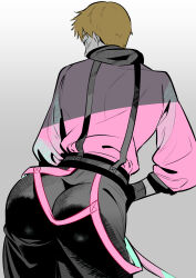 Rule 34 | 1boy, ass, belt, black gloves, blonde hair, blush, commentary request, from behind, gloves, gradient background, green eyes, grey background, highres, leaning forward, looking at viewer, looking back, male focus, mob psycho 100, reigen arataka, shiny clothes, short hair, simple background, solo, standing, strap, suspenders, sweat, tamako (tamatamako01), white background, white hair