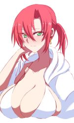 Rule 34 | 1girl, bikini, blush, boudica (fate), breasts, cleavage, collarbone, commentary request, fate/grand order, fate (series), green eyes, hair between eyes, highres, himo, hood, hood down, hoodie, huge breasts, light smile, looking at viewer, red hair, short hair, short ponytail, simple background, solo, swimsuit, upper body, white background, white bikini, white hoodie