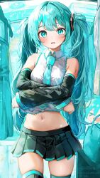 Rule 34 | 1girl, aqua eyes, aqua hair, aqua necktie, artist name, bag, bare shoulders, black thighhighs, blush, character doll, clothes lift, cowboy shot, detached sleeves, grey shirt, hatsune miku, highres, indoors, lifted by self, long hair, long sleeves, looking at viewer, miniskirt, navel, necktie, open mouth, pleated skirt, shirt, shirt lift, shirubaa, signature, skirt, solo, thighhighs, twintails, undressing, very long hair, vocaloid, zettai ryouiki