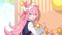 Rule 34 | 1girl, :d, alternate costume, balloon, blue eyes, blue sky, bow, chinese commentary, christmas ornaments, cloud, fang, gou lianlian dogface, hair between eyes, hair bow, highres, holding, honkai (series), honkai impact 3rd, horns, long hair, long sleeves, looking at viewer, looking back, open mouth, pink hair, pink pupils, rozaliya olenyeva, shirt, single horn, sky, smile, solo, sweater vest, vest, white shirt