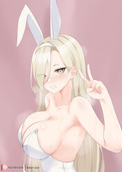 Rule 34 | 1girl, absurdres, amai-pai, animal ears, arm up, bare shoulders, blonde hair, blue archive, blush, breasts, cleavage, collarbone, commentary, english commentary, eyelashes, hair over one eye, headband, highres, kaho (blue archive), leotard, long hair, looking at viewer, medium breasts, mole, mole under mouth, patreon logo, patreon username, pink background, playboy bunny, profile, rabbit ears, simple background, steam, steaming body, sweat, upper body, v, white leotard, yellow eyes