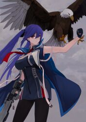 Rule 34 | 1girl, absurdres, azur lane, bald eagle, bird, black pantyhose, blue cloak, blue dress, blue hair, bow (weapon), braid, breasts, brown eyes, cleavage, cloak, closed mouth, collared dress, commentary request, crossbow, dress, eagle, enterprise (azur lane), essex (azur lane), flight deck, french braid, gloves, hair between eyes, hair ribbon, highres, large breasts, long hair, looking at viewer, marshall k, necktie, outstretched arm, pantyhose, red necktie, ribbon, sidelocks, sleeveless, sleeveless dress, solo, standing, twintails, very long hair, weapon