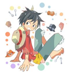 Rule 34 | barefoot, black hair, denim, denim shorts, food, fork, frilled sleeves, frills, hair between eyes, hat, highres, long sleeves, looking at viewer, male focus, meat, monkey d. luffy, noise pp, one piece, portgas d. ace, sabo (one piece), sash, shorts, simple background, sitting, smile, solo, spoon, straw hat, yellow sash
