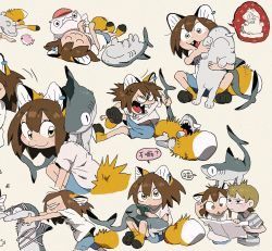 Rule 34 | 1boy, 1girl, animal ears, brown hair, child, furry, furry female, furry with non-furry, highres, interspecies, looking at viewer, original, shark, translation request, white background, yogin