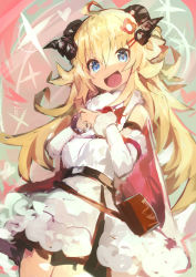 Rule 34 | 1girl, absurdres, ahoge, belt pouch, blonde hair, blue eyes, breasts, detached sleeves, dress, flower, fur-trimmed dress, fur-trimmed sleeves, fur trim, hair flower, hair ornament, hairclip, heart, heart-shaped pupils, highres, hololive, horns, kaamin (mariarose753), long hair, looking at viewer, open mouth, pouch, sheep girl, sheep horns, sleeveless, sleeveless dress, smile, solo, symbol-shaped pupils, tsunomaki watame, tsunomaki watame (1st costume), very long hair, virtual youtuber, white dress