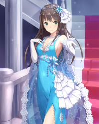 Rule 34 | 10s, 1girl, aqua dress, breasts, brown hair, cape, cleavage, dress, elbow gloves, gloves, green eyes, hair ornament, hand on own chest, idolmaster, idolmaster cinderella girls, jewelry, long hair, looking at viewer, necklace, shibuya rin, sideboob, smile, solo, tamakaga, tiara