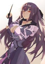 Rule 34 | 1girl, absurdres, blush, bodysuit, breasts, cleavage, cleavage cutout, clothing cutout, dress, fate/grand order, fate (series), fur trim, hair between eyes, highres, jewelry, koeru, large breasts, long hair, looking at viewer, pout, purple dress, purple hair, red eyes, scathach (fate), scathach skadi (fate), scathach skadi (second ascension) (fate), solo, tiara, wand