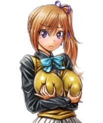 Rule 34 | 1girl, amania orz, blush, breasts, brown hair, cowboy shot, grabbing, grabbing another&#039;s breast, grabbing own breast, kawakami mai, large breasts, long hair, mole, mole under eye, musaigen no phantom world, purple eyes, side ponytail, simple background, solo, solo focus, white background