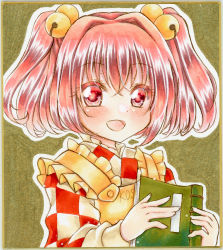 Rule 34 | 1girl, apron, bell, blush, book, checkered clothes, checkered shirt, commentary request, graphite (medium), hair bell, hair between eyes, hair ornament, highres, holding, holding book, jingle bell, long sleeves, looking at viewer, marker (medium), motoori kosuzu, nekofish666, open mouth, red eyes, red hair, shirt, short hair, solo, touhou, traditional media, two side up