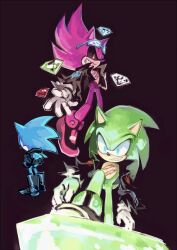 Rule 34 | 1boy, bad tag, black jacket, black sclera, blue eyes, chaos emerald, colored sclera, evil sonic, glasses on head, gloves, jacket, looking down, master emerald, scar, scar on chest, scourge the hedgehog, sharp teeth, smile, sonic (series), sonic the hedgehog, sonic the hedgehog (archie comics), sujinee, super scourge, teeth, white gloves