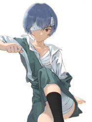 Rule 34 | 1girl, arm behind back, arm support, arm up, ayanami rei, bandage over one eye, bandaged chest, bandaged head, bandaged leg, bandages, black socks, blouse, blue dress, blue hair, clenched hand, closed mouth, commentary, dress, dress shirt, expressionless, feet out of frame, hair between eyes, highres, injury, knee up, looking at viewer, neon genesis evangelion, open clothes, open shirt, pinafore dress, red eyes, school uniform, shirt, short hair, short sleeves, simple background, sitting, sleeveless dress, socks, solo, tokyo-3 middle school uniform, vivace (user gnpw2527), white background, white shirt