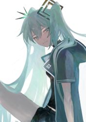 Rule 34 | 1girl, absurdres, aqua eyes, arm support, black shirt, black shorts, breasts, closed mouth, clothes writing, green eyes, green hair, hair between eyes, hair ornament, hair over shoulder, hatsune miku, highres, jacket, knee up, long hair, looking at viewer, looking to the side, shirt, short sleeves, shorts, simple background, sitting, small breasts, smile, solo, spikes, square, tight clothes, tight shirt, turtleneck, twintails, very long hair, vocaloid, white background, yomotobi