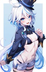 Rule 34 | 1girl, :d, ahoge, bikini, black bikini, black hat, black jacket, blue background, blue eyes, blue hair, breasts, commentary request, dosu (doseven), furina (genshin impact), genshin impact, hair between eyes, hat, highres, jacket, long hair, long sleeves, looking at viewer, multicolored hair, navel, open mouth, ribs, shorts, small breasts, smile, solo, swimsuit, thigh strap, two-tone background, two-tone hair, white background, white hair, white shorts