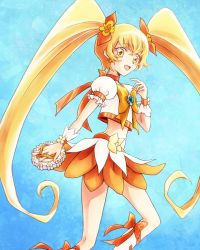 Rule 34 | 10s, 1girl, blonde hair, bow, brooch, cure sunshine, hair ribbon, heart, heart brooch, heartcatch precure!, long hair, looking at viewer, midriff, myoudouin itsuki, naka (ez), open mouth, orange bow, precure, ribbon, skirt, solo, twintails, yellow bow, yellow eyes
