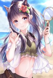 Rule 34 | 1girl, absurdres, animal ears, beach, black necktie, black skirt, blunt bangs, blurry, blurry background, bracelet, closed mouth, collared shirt, crop top, day, floating hair, flower, fox ears, hair flower, hair ornament, hibiscus, highres, holding, index finger raised, jewelry, kasumi (princess connect!), kasumi (summer) (princess connect!), long hair, looking at viewer, midriff, navel, necktie, ocean, open clothes, open shirt, outdoors, ponytail, princess connect!, purple hair, red eyes, red flower, ryuna (inc moon), shirt, short necktie, skirt, smile, solo, stomach, summer, sunlight, very long hair, white shirt, wing collar