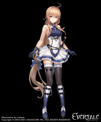 Rule 34 | blonde hair, blue ribbon, boots, brown eyes, cuboon, dress, evertale, gloves, hair ribbon, highres, leggings, long hair, looking at viewer, miniskirt, official art, ribbon, rizette, skirt, smile, solo, sword, very long hair, weapon