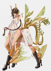 Rule 34 | 159cm, 1girl, adjusting hair, antlers, black footwear, black hair, boots, braid, braided ponytail, brown eyes, centauroid, china dress, chinese clothes, detached sleeves, dragon horns, dragon tail, dress, female focus, fins, full body, hair over one eye, head fins, high heel boots, high heels, highres, holding, holding own hair, horns, looking at viewer, monster girl, original, simple background, single braid, smile, solo, tail, taur, white background, white dress
