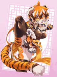 Rule 34 | 1girl, animal ears, arknights, black thighhighs, chinese clothes, fighting stance, furry, furry female, highres, multicolored fur, multicolored hair, orange-tinted eyewear, orange-tinted glasses, orange fur, round eyewear, short hair, solo, streaked hair, sunglasses, tail, takura mahiro, thighhighs, tiger ears, tiger girl, tiger tail, tinted eyewear, waai fu (arknights), yellow eyes