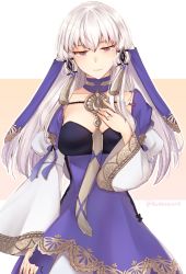 Rule 34 | 1girl, breasts, carrot (robosquat), closed mouth, dress, fire emblem, fire emblem: three houses, hair ornament, jewelry, large breasts, long hair, long sleeves, lysithea von ordelia, nintendo, pink eyes, ring, simple background, solo, tearing up, twitter username, white hair, wide sleeves