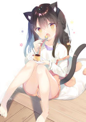 Rule 34 | 1girl, :o, animal ear fluff, animal ears, barefoot, black hair, blush, braid, brown eyes, brown shorts, cat ears, cat girl, cat tail, commentary request, fang, food, hair between eyes, hair bobbles, hair ornament, head tilt, holding, holding plate, holding spoon, knees together feet apart, knees up, long hair, long sleeves, looking at viewer, multicolored hair, open mouth, original, panties, panties under shorts, pillow, plate, pudding, shirt, short shorts, shorts, single braid, sitting, solo, spoon, suspender shorts, suspenders, suspenders slip, tail, two-tone hair, underwear, white background, white hair, white panties, white shirt, wooden floor, yuizaki kazuya