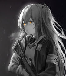 Rule 34 | 1girl, armband, closed mouth, expressionless, girls&#039; frontline, gloves, greyscale, gun, h&amp;k ump, h&amp;k ump, hair between eyes, hair ornament, heckler &amp; koch, highres, holding, holding gun, holding weapon, hood, hood down, hooded jacket, jacket, limited palette, long hair, looking afar, monochrome, one side up, outdoors, rain, scar, scar across eye, scar on face, shirt, spot color, submachine gun, tama satou, ump45 (girls&#039; frontline), upper body, weapon, yellow eyes