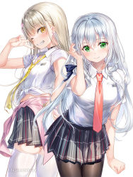 Rule 34 | 2girls, black pantyhose, black skirt, breasts, cardigan, cardigan around waist, clothes around waist, collared shirt, commentary request, copyright request, fujima takuya, green eyes, grey hair, grin, hair between eyes, hand up, long hair, looking at viewer, multiple girls, neckerchief, necktie, novel illustration, official art, orange eyes, pantyhose, pink cardigan, plaid, plaid skirt, pleated skirt, red necktie, shirt, short sleeves, simple background, skirt, small breasts, smile, thighhighs, v, very long hair, white background, white shirt, white thighhighs, yellow neckerchief