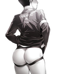 Rule 34 | 1boy, android, ass, ass focus, back, bottomless, closed mouth, connor (detroit), detroit: become human, greyscale, jacket, jockstrap, looking back, male focus, male underwear, mole, mole under eye, monochrome, naked jacket, nude, oekakixx, shadow, short hair, solo, thick thighs, thighs, underwear