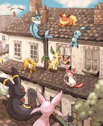 Rule 34 | :d, :o, bird, black eyes, blue sky, bright pupils, brown eyes, chimney, closed eyes, closed mouth, clothesline, cloud, commentary request, creatures (company), dated commentary, day, eevee, espeon, facing away, flareon, flower pot, from behind, game freak, gen 1 pokemon, gen 2 pokemon, gen 4 pokemon, gen 6 pokemon, glaceon, highres, house, jolteon, lamppost, leafeon, looking at another, matsuri (matsuike), nintendo, no humans, on roof, open mouth, outdoors, plant, pokemon, pokemon (creature), potted plant, red eyes, scenery, sky, smile, sylveon, tree, umbrella, v-shaped eyebrows, vaporeon, white pupils, window, yawning