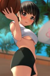 Rule 34 | 1girl, absurdres, ball, bare arms, basketball, basketball (object), basketball hoop, black hair, black shorts, blurry, blurry background, blush, breasts, brown eyes, day, depth of field, highres, holding, holding ball, looking at viewer, matsunaga kouyou, medium breasts, no bra, nose blush, open mouth, original, outdoors, shirt, short hair, short shorts, shorts, sleeveless, sleeveless shirt, solo, standing, underboob, white shirt