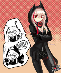 Rule 34 | &gt;:), &gt; &lt;, 1girl, :d, > <, antennae, arrow (symbol), artist name, blonde hair, breasts, chibi, cleavage, clip studio paint (medium), commentary, crossed arms, dated, english text, fang, girls&#039; frontline, hood, hood down, hood up, hoodie, korean commentary, looking at viewer, m4 sopmod ii (girls&#039; frontline), madcore, mechanical arms, medium hair, multicolored hair, open mouth, pantyhose, red background, red eyes, red hair, simple background, skin fang, smile, solo, streaked hair, thighhighs, waving arms, xd, zipper