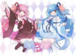 Rule 34 | 2girls, ;d, argyle, argyle background, argyle clothes, arm up, bad id, bad pixiv id, black dress, blue hair, blue ribbon, blue thighhighs, blunt bangs, blush, boots, brown footwear, detached sleeves, dress, fang, full body, hair ribbon, hair tie, happy birthday, heart, holding hands, interlocked fingers, jumping, knee boots, konpe itou, kotonoha akane, kotonoha aoi, long hair, long sleeves, looking at viewer, multiple girls, one eye closed, open mouth, pink hair, pink legwear, red eyes, red ribbon, ribbon, sailor collar, sailor dress, siblings, sidelocks, sisters, smile, thighhighs, twins, very long hair, voiceroid, waving, white dress, white footwear, white sailor collar, wide sleeves, zettai ryouiki