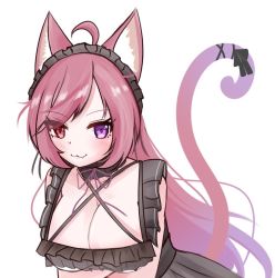 Rule 34 | 1girl, :3, ahoge, alternate breast size, animal ears, breasts, cat ears, cat tail, cleavage, crossed arms, dress, fang, fang out, frilled dress, frills, gothic lolita, gradient hair, heterochromia, indie virtual youtuber, large breasts, lolita fashion, mikeneko (vtuber), mikeneko (vtuber) (1st costume), milk tea 1993, multicolored hair, purple eyes, red eyes, sidelocks, simple background, tail, upper body, virtual youtuber, white background