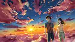 Rule 34 | 10s, 1boy, 1girl, 2017, alternate costume, black hair, blue eyes, braid, brown hair, cloud, cloudy sky, commentary request, couple, diffraction spikes, french braid, ge xi, hair ribbon, holding hands, hand on own chest, hetero, highres, kimi no na wa., lens flare, long hair, miyamizu mitsuha, aged up, open mouth, red ribbon, ribbon, sky, smile, tachibana taki, translation request, twilight