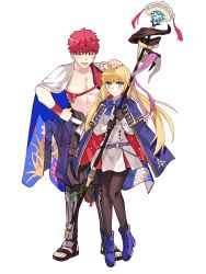 Rule 34 | 1boy, 1girl, absurdres, ahoge, appleale19, artoria caster (fate), artoria caster (second ascension) (fate), artoria pendragon (fate), belt, blonde hair, blush, boots, cape, cloak, closed eyes, coat, emiya shirou, fate/grand order, fate (series), full body, gloves, green eyes, hand on another&#039;s head, hand on own hip, headpat, highres, holding, holding staff, limited/zero over, pantyhose, red hair, ribbon, senji muramasa (fate), simple background, skirt, smile, staff, sweatdrop, white background, white cape, wristband