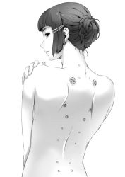 Rule 34 | 10s, 1girl, back, braid, french braid, from behind, greyscale, hair ornament, hairclip, hand on own shoulder, kantai collection, monochrome, myoukou (kancolle), nakano haito, piercing, short hair, sidelocks, solo, topless