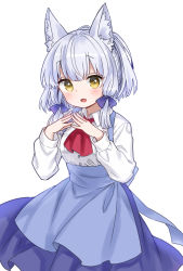 Rule 34 | 1girl, :d, ama-tou, animal ear fluff, animal ears, apron, ascot, blue apron, blue hair, blunt bangs, blush, bow, collared shirt, cowboy shot, dot nose, eyes visible through hair, fingers together, fox ears, hair between eyes, hair bow, hair ribbon, hands up, light blue hair, long sleeves, looking at viewer, looking to the side, machikado mazoku, medium skirt, open mouth, own hands together, pleated skirt, puffy long sleeves, puffy sleeves, purple bow, purple skirt, red ascot, ribbon, riko (machikado mazoku), shirt, shirt tucked in, short hair, sidelocks, simple background, skirt, smile, solo, standing, steepled fingers, tress ribbon, uniform, waist apron, waitress, white background, white shirt, wide ponytail, wing collar, yellow eyes