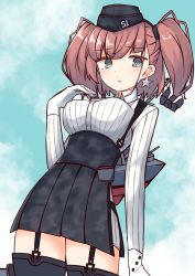 Rule 34 | 1girl, absurdres, atlanta (kancolle), black hat, black skirt, blue eyes, blush, breasts, brown hair, buttons, cowboy shot, earrings, garrison cap, garter straps, gloves, hat, high-waist skirt, highres, ichi (ichi.colors), jewelry, kantai collection, large breasts, long hair, long sleeves, open mouth, pleated skirt, shirt, skirt, solo, star (symbol), star earrings, twintails, two side up, white shirt