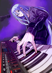 Rule 34 | 1girl, absurdres, blue eyes, blue hair, chaos1402, clothes writing, collarbone, commentary request, double-parted bangs, dutch angle, earpiece, fingernails, foreshortening, grey background, hair between eyes, highres, instrument, jacket, keyboard (instrument), light blue hair, long hair, long sleeves, looking at object, microphone, multicolored background, music, parted lips, playing instrument, print jacket, project sekai, purple background, purple jacket, serious, single stripe, solo, striped clothes, striped jacket, sweat, synthesizer, track jacket, upper body, yoisaki kanade