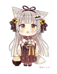 Rule 34 | 1girl, :o, animal ears, bell, black bow, black footwear, black ribbon, bow, bowl, brown hakama, chibi, diagonal-striped bow, fang, fox, fox ears, fox girl, fox tail, full body, grey hair, hair bell, hair bow, hair ornament, hair ribbon, hakama, hakama skirt, highres, in bowl, in container, japanese clothes, jingle bell, kimono, long sleeves, looking at viewer, multicolored hair, open mouth, original, pink hair, ribbon, sakura oriko, sandals, short eyebrows, simple background, skirt, solo, standing, tabi, tail, thick eyebrows, translation request, two-tone hair, white background, white kimono, white legwear, wide sleeves, yellow eyes, zouri