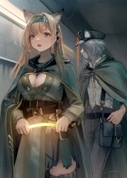 Rule 34 | 1boy, 1girl, absurdres, animal ears, arknights, belt, black belt, black headwear, blonde hair, blue eyes, breasts, cape, cleavage, commentary request, cowboy shot, dress, glowstick, grey cape, grey dress, grey hair, grey pants, hairband, hat, highres, holding, horn (arknights), indoors, large breasts, long hair, long sleeves, open mouth, pants, peaked cap, pouch, shirt, standing, welt (kinsei koutenkyoku), white shirt, wolf ears