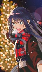 Rule 34 | 1girl, ado (utaite), blue eyes, blue hair, blurry, blush, bokeh, chando (ado), character name, christmas, cloud nine inc, commentary, depth of field, dress shirt, film grain, highres, light brown hair, long hair, long sleeves, looking at viewer, mole, mole under eye, open mouth, pointing, red scarf, riseno, scarf, shirt, sidelocks, solo, star-shaped pupils, star (symbol), symbol-shaped pupils, teeth, twitter username, upper teeth only, utaite, white shirt